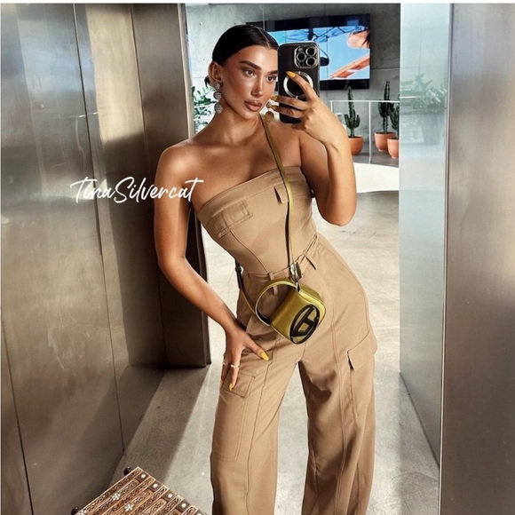 Zara cargo jumpsuit wide leg sleeveless tan belted - Picture 3 of 8